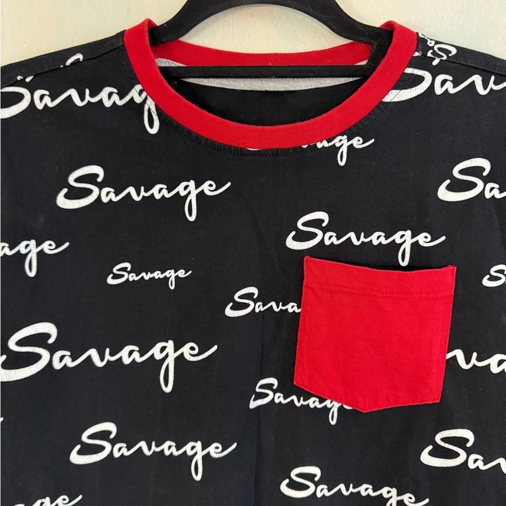 SAVAGE  Red and black Signature Script Logo Tee Size Small - Picture 2 of 5